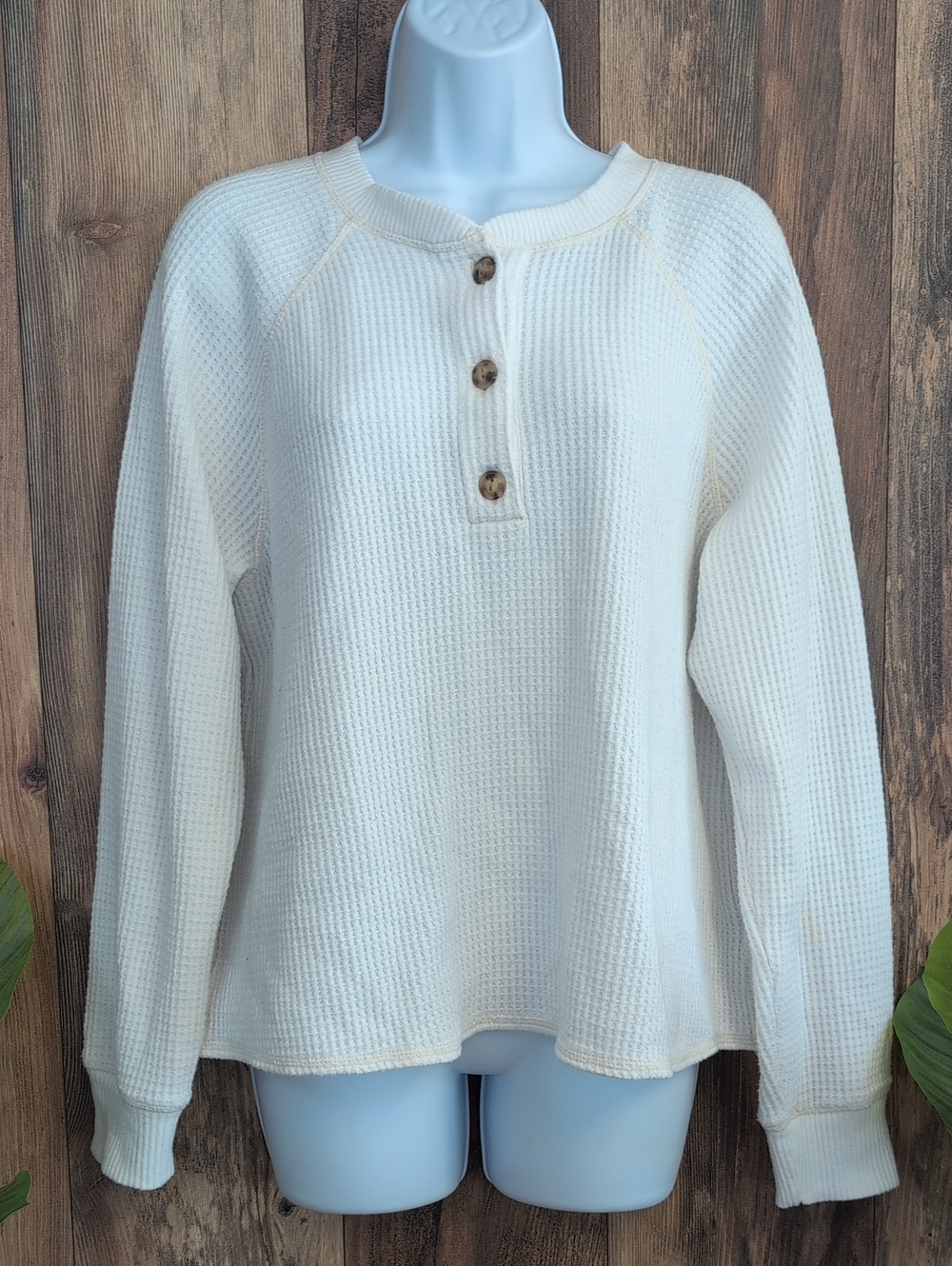 Old Navy Waffle Knit Crop Henley Pullover 1/4 Button Shirt L      T248